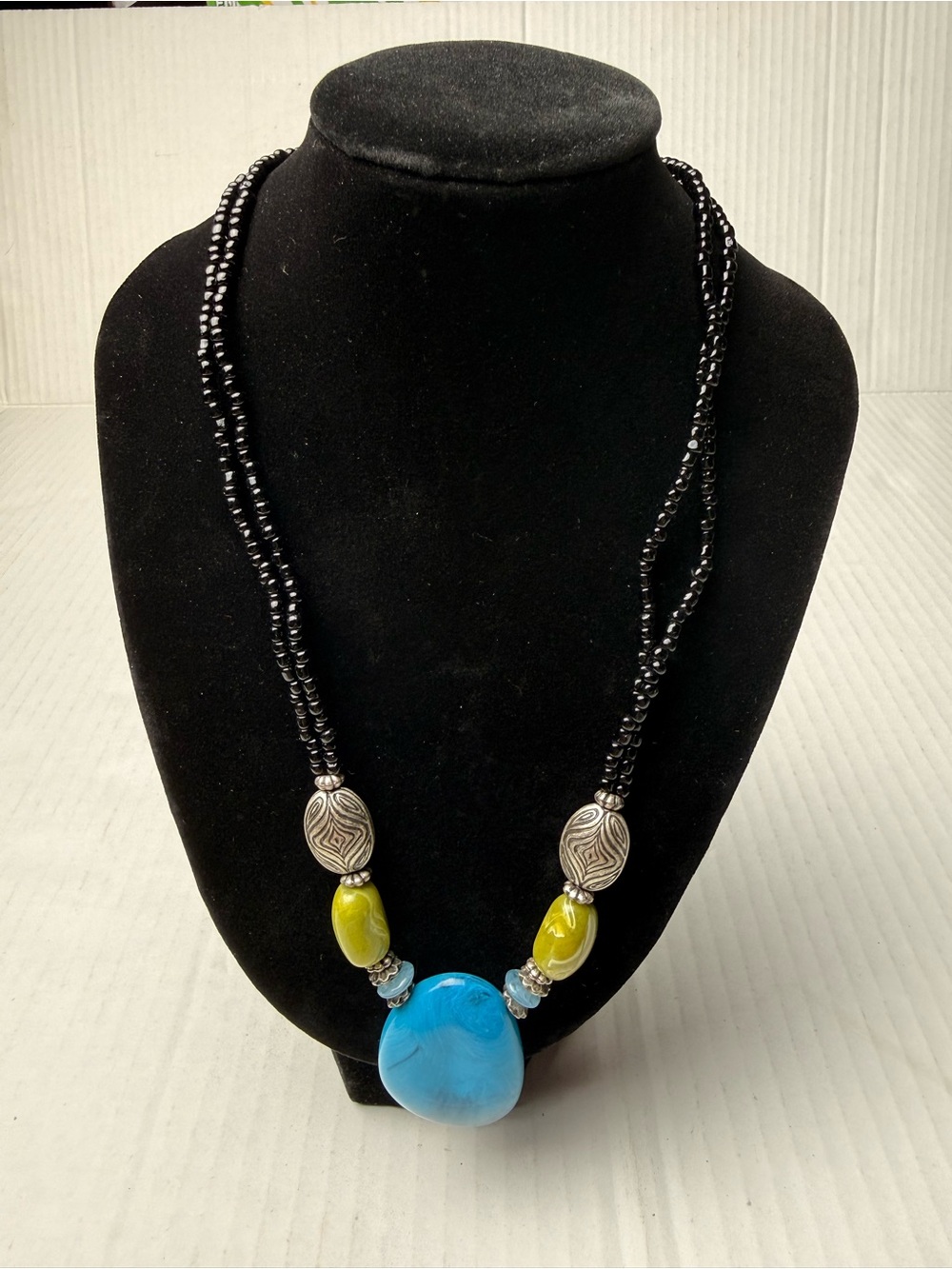 Vintage Blue Polished Agate Stone‎ Pendant Necklace Beaded Boho Tibetan Style